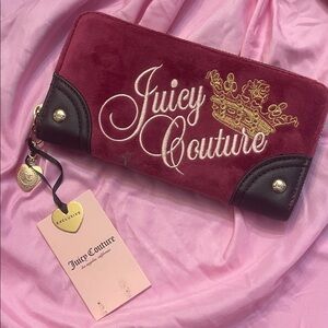 Juicy Couture Plum Berry Velvet Zip Wallet with Gold Crest
